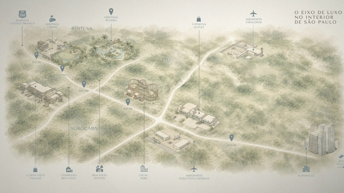 Mapa ilustrado — o eixo de luxo no interior de São Paulo, com a localização do Heritage Riviera